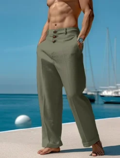 Clearance OUKU Men's Linen Pants Trousers Summer Pants Beach Pants Front Pocket Straight Leg Plain Comfort Breathable Casual Daily Holiday Fashion Basic Black White