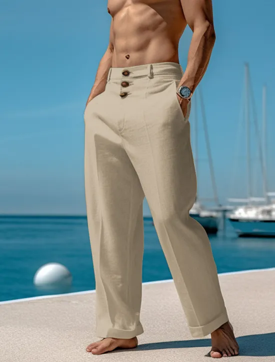 Clearance OUKU Men's Linen Pants Trousers Summer Pants Beach Pants Front Pocket Straight Leg Plain Comfort Breathable Casual Daily Holiday Fashion Basic Black White
