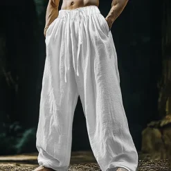 Sale OUKU Men's Linen Pants Trousers Summer Pants Beach Pants Pocket Drawstring Elastic Waist Plain Comfort Breathable Vacation Daily Holiday Hawaiian Boho Black White