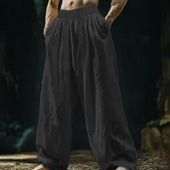 Sale OUKU Men's Linen Pants Trousers Summer Pants Beach Pants Pocket Drawstring Elastic Waist Plain Comfort Breathable Vacation Daily Holiday Hawaiian Boho Black White