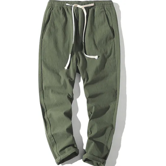 Online OUKU Men's Linen Pants Trousers Summer Pants Beach Pants Straight Pocket Elastic Waist Solid Color Comfort Breathable Ankle-Length Sports Outdoor Daily Casual Casual / Sporty ArmyGreen Black Micro-elastic