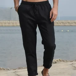 Discount OUKU Men's Linen Pants Trousers Summer Pants Pocket Drawstring Plain Comfort Breathable Ankle-Length Casual Daily Going out Simple Casual Black White Micro-elastic