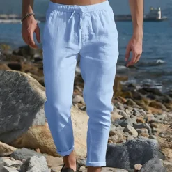 Discount OUKU Men's Linen Pants Trousers Summer Pants Pocket Drawstring Plain Comfort Breathable Ankle-Length Casual Daily Going out Simple Casual Black White Micro-elastic