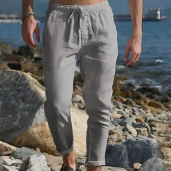 Discount OUKU Men's Linen Pants Trousers Summer Pants Pocket Drawstring Plain Comfort Breathable Ankle-Length Casual Daily Going out Simple Casual Black White Micro-elastic