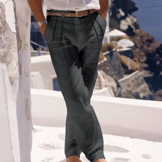Outlet OUKU Men's Linen Pants Trousers Summer Pants Beach Pants Buttons Pocket Pleats Plain Comfort Breathable Daily Holiday Vacation Hawaiian Boho White Khaki