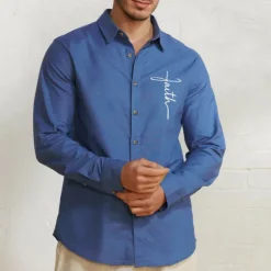 Outlet OUKU Men's Linen Shirt 55% Linen Print Shirt White Long Sleeve Faith Lapel Spring & Fall Outdoor Daily Clothing Apparel Blue