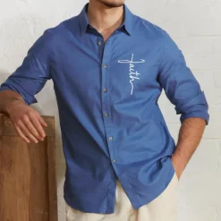 Outlet OUKU Men's Linen Shirt 55% Linen Print Shirt White Long Sleeve Faith Lapel Spring & Fall Outdoor Daily Clothing Apparel Blue