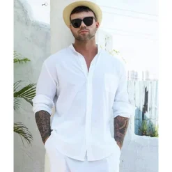 Sale OUKU Men's Linen Shirt 2 Piece Shirt Set Summer Shirt Matching Sets Beach Shirt Plain Vacation Casual Black White Blue Khaki Long Sleeve Band Collar Spring & Summer Clothing Apparel