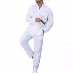 Sale OUKU Men's Linen Shirt 2 Piece Shirt Set Summer Shirt Matching Sets Beach Shirt Plain Vacation Casual Black White Blue Khaki Long Sleeve Band Collar Spring & Summer Clothing Apparel