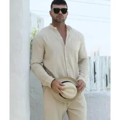 Sale OUKU Men's Linen Shirt 2 Piece Shirt Set Summer Shirt Matching Sets Beach Shirt Plain Vacation Casual Black White Blue Khaki Long Sleeve Band Collar Spring & Summer Clothing Apparel