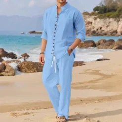OUKU Men's Linen Shirt 2 Piece Shirt Set Summer Shirt Matching Sets Beach Shirt Plain Vacation Curise Black White Blue Long Sleeve Stand Collar Spring & Summer Clothing Apparel