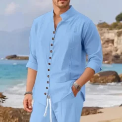 OUKU Men's Linen Shirt 2 Piece Shirt Set Summer Shirt Matching Sets Beach Shirt Plain Vacation Curise Black White Blue Long Sleeve Stand Collar Spring & Summer Clothing Apparel