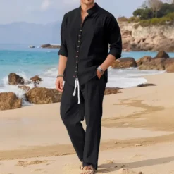OUKU Men's Linen Shirt 2 Piece Shirt Set Summer Shirt Matching Sets Beach Shirt Plain Vacation Curise Black White Blue Long Sleeve Stand Collar Spring & Summer Clothing Apparel