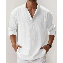 New OUKU Men's Linen Shirt Band Collar Shirt Popover Shirt Summer Shirt Beach Wear Casual Shirt Plain Hawaiian Holiday Black White Pink Blue Long Sleeve Henley Spring & Summer Clothing Apparel
