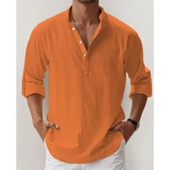 New OUKU Men's Linen Shirt Band Collar Shirt Popover Shirt Summer Shirt Beach Wear Casual Shirt Plain Hawaiian Holiday Black White Pink Blue Long Sleeve Henley Spring & Summer Clothing Apparel