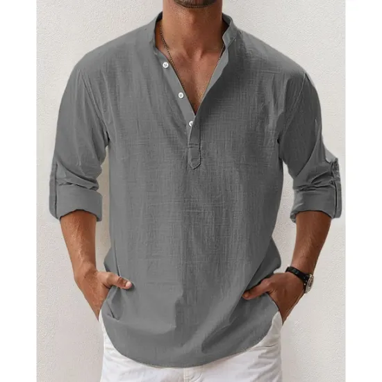 New OUKU Men's Linen Shirt Band Collar Shirt Popover Shirt Summer Shirt Beach Wear Casual Shirt Plain Hawaiian Holiday Black White Pink Blue Long Sleeve Henley Spring & Summer Clothing Apparel