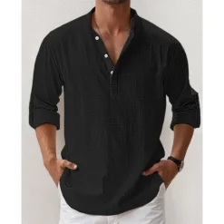New OUKU Men's Linen Shirt Band Collar Shirt Popover Shirt Summer Shirt Beach Wear Casual Shirt Plain Hawaiian Holiday Black White Pink Blue Long Sleeve Henley Spring & Summer Clothing Apparel