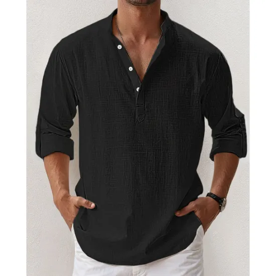New OUKU Men's Linen Shirt Band Collar Shirt Popover Shirt Summer Shirt Beach Wear Casual Shirt Plain Hawaiian Holiday Black White Pink Blue Long Sleeve Henley Spring & Summer Clothing Apparel