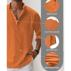 New OUKU Men's Linen Shirt Band Collar Shirt Popover Shirt Summer Shirt Beach Wear Casual Shirt Plain Hawaiian Holiday Black White Pink Blue Long Sleeve Henley Spring & Summer Clothing Apparel