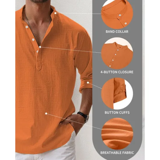 New OUKU Men's Linen Shirt Band Collar Shirt Popover Shirt Summer Shirt Beach Wear Casual Shirt Plain Hawaiian Holiday Black White Pink Blue Long Sleeve Henley Spring & Summer Clothing Apparel