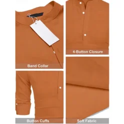 New OUKU Men's Linen Shirt Band Collar Shirt Popover Shirt Summer Shirt Beach Wear Casual Shirt Plain Hawaiian Holiday Black White Pink Blue Long Sleeve Henley Spring & Summer Clothing Apparel