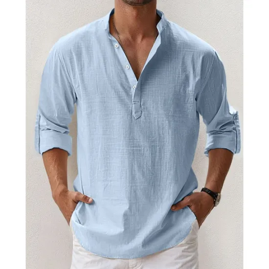New OUKU Men's Linen Shirt Band Collar Shirt Popover Shirt Summer Shirt Beach Wear Casual Shirt Plain Hawaiian Holiday Black White Pink Blue Long Sleeve Henley Spring & Summer Clothing Apparel