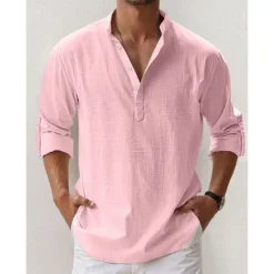 New OUKU Men's Linen Shirt Band Collar Shirt Popover Shirt Summer Shirt Beach Wear Casual Shirt Plain Hawaiian Holiday Black White Pink Blue Long Sleeve Henley Spring & Summer Clothing Apparel