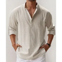 New OUKU Men's Linen Shirt Band Collar Shirt Popover Shirt Summer Shirt Beach Wear Casual Shirt Plain Hawaiian Holiday Black White Pink Blue Long Sleeve Henley Spring & Summer Clothing Apparel