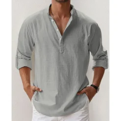 New OUKU Men's Linen Shirt Band Collar Shirt Popover Shirt Summer Shirt Beach Wear Casual Shirt Plain Hawaiian Holiday Black White Pink Blue Long Sleeve Henley Spring & Summer Clothing Apparel