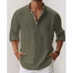 New OUKU Men's Linen Shirt Band Collar Shirt Popover Shirt Summer Shirt Beach Wear Casual Shirt Plain Hawaiian Holiday Black White Pink Blue Long Sleeve Henley Spring & Summer Clothing Apparel
