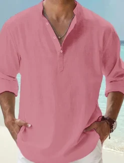 Clearance OUKU Men's Linen Shirt Band Collar Shirt Popover Shirt Casual Shirt Beach Shirt Plain Hawaiian Holiday Black White Pink Blue Long Sleeve Henley Spring & Summer Clothing Apparel