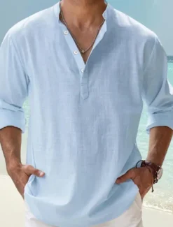 Clearance OUKU Men's Linen Shirt Band Collar Shirt Popover Shirt Casual Shirt Beach Shirt Plain Hawaiian Holiday Black White Pink Blue Long Sleeve Henley Spring & Summer Clothing Apparel