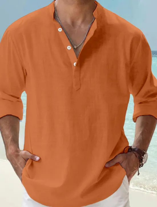 Clearance OUKU Men's Linen Shirt Band Collar Shirt Popover Shirt Casual Shirt Beach Shirt Plain Hawaiian Holiday Black White Pink Blue Long Sleeve Henley Spring & Summer Clothing Apparel