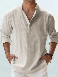 Clearance OUKU Men's Linen Shirt Band Collar Shirt Popover Shirt Casual Shirt Beach Shirt Plain Hawaiian Holiday Black White Pink Blue Long Sleeve Henley Spring & Summer Clothing Apparel