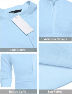 Clearance OUKU Men's Linen Shirt Band Collar Shirt Popover Shirt Casual Shirt Beach Shirt Plain Hawaiian Holiday Black White Pink Blue Long Sleeve Henley Spring & Summer Clothing Apparel