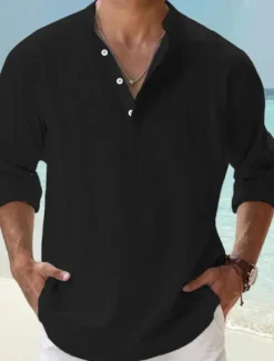 Clearance OUKU Men's Linen Shirt Band Collar Shirt Popover Shirt Casual Shirt Beach Shirt Plain Hawaiian Holiday Black White Pink Blue Long Sleeve Henley Spring & Summer Clothing Apparel