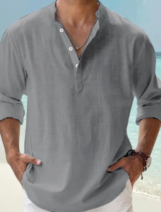 Clearance OUKU Men's Linen Shirt Band Collar Shirt Popover Shirt Casual Shirt Beach Shirt Plain Hawaiian Holiday Black White Pink Blue Long Sleeve Henley Spring & Summer Clothing Apparel