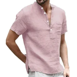 Discount OUKU Men's Linen Shirt Band Collar Shirt Summer Shirt Beach Wear Casual Shirt Solid Color Outdoor Street Black White Light Green Blue Short Sleeve Henley Summer Spring Clothing Apparel Button-Down
