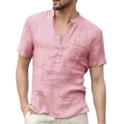 Discount OUKU Men's Linen Shirt Band Collar Shirt Summer Shirt Beach Wear Casual Shirt Solid Color Outdoor Street Black White Light Green Blue Short Sleeve Henley Summer Spring Clothing Apparel Button-Down