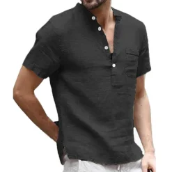 Discount OUKU Men's Linen Shirt Band Collar Shirt Summer Shirt Beach Wear Casual Shirt Solid Color Outdoor Street Black White Light Green Blue Short Sleeve Henley Summer Spring Clothing Apparel Button-Down