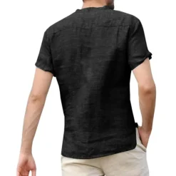 Discount OUKU Men's Linen Shirt Band Collar Shirt Summer Shirt Beach Wear Casual Shirt Solid Color Outdoor Street Black White Light Green Blue Short Sleeve Henley Summer Spring Clothing Apparel Button-Down