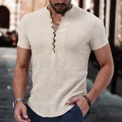 Sale OUKU Men's Linen Shirt Band Collar Shirt Popover Shirt Summer Shirt Beach Wear Casual Shirt Plain Vacation Casual Black White Pink Wine Short Sleeve V Neck Summer Clothing Apparel