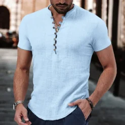 Sale OUKU Men's Linen Shirt Band Collar Shirt Popover Shirt Summer Shirt Beach Wear Casual Shirt Plain Vacation Casual Black White Pink Wine Short Sleeve V Neck Summer Clothing Apparel