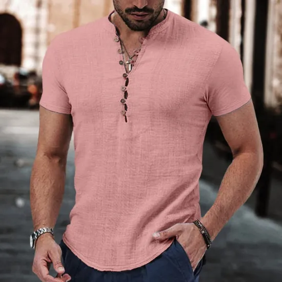 Sale OUKU Men's Linen Shirt Band Collar Shirt Popover Shirt Summer Shirt Beach Wear Casual Shirt Plain Vacation Casual Black White Pink Wine Short Sleeve V Neck Summer Clothing Apparel