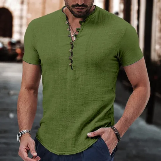 Sale OUKU Men's Linen Shirt Band Collar Shirt Popover Shirt Summer Shirt Beach Wear Casual Shirt Plain Vacation Casual Black White Pink Wine Short Sleeve V Neck Summer Clothing Apparel