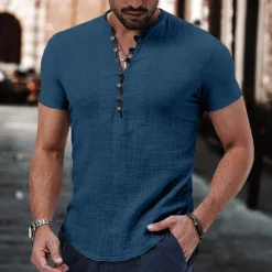 Sale OUKU Men's Linen Shirt Band Collar Shirt Popover Shirt Summer Shirt Beach Wear Casual Shirt Plain Vacation Casual Black White Pink Wine Short Sleeve V Neck Summer Clothing Apparel