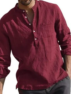 Clearance OUKU Men's Linen Shirt Band Collar Shirt Summer Shirt Beach Wear Solid Color Daily Hawaiian Black White Wine Navy Blue Long Sleeve Henley Spring & Fall Clothing Apparel Collared Shirts