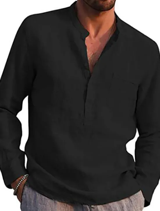 Clearance OUKU Men's Linen Shirt Band Collar Shirt Summer Shirt Beach Wear Solid Color Daily Hawaiian Black White Wine Navy Blue Long Sleeve Henley Spring & Fall Clothing Apparel Collared Shirts