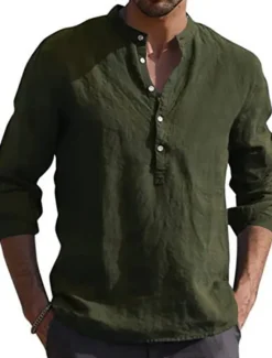Clearance OUKU Men's Linen Shirt Band Collar Shirt Summer Shirt Beach Wear Solid Color Daily Hawaiian Black White Wine Navy Blue Long Sleeve Henley Spring & Fall Clothing Apparel Collared Shirts