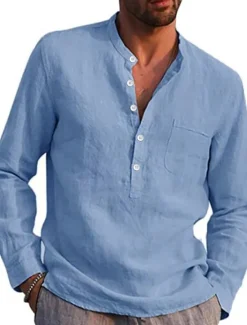 Clearance OUKU Men's Linen Shirt Band Collar Shirt Summer Shirt Beach Wear Solid Color Daily Hawaiian Black White Wine Navy Blue Long Sleeve Henley Spring & Fall Clothing Apparel Collared Shirts